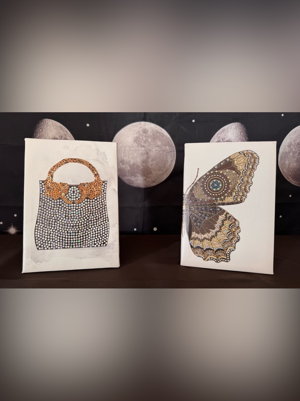 💎#462-Butterfly & Tote Canvas Pair in  Gold,Black,&White Rhinestone/Sequin